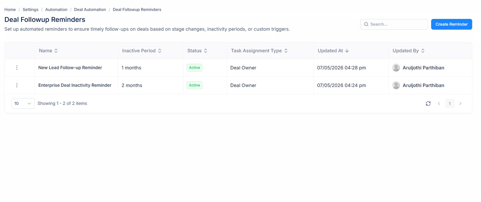 Deal follow-up reminder automation when a deal has no recent activity
