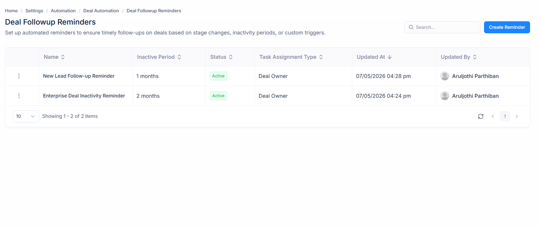 Deal follow-up reminder automation when a deal has no recent activity