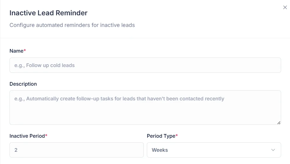The Inactive Lead Reminder form, setting the inactivity period that triggers the rule