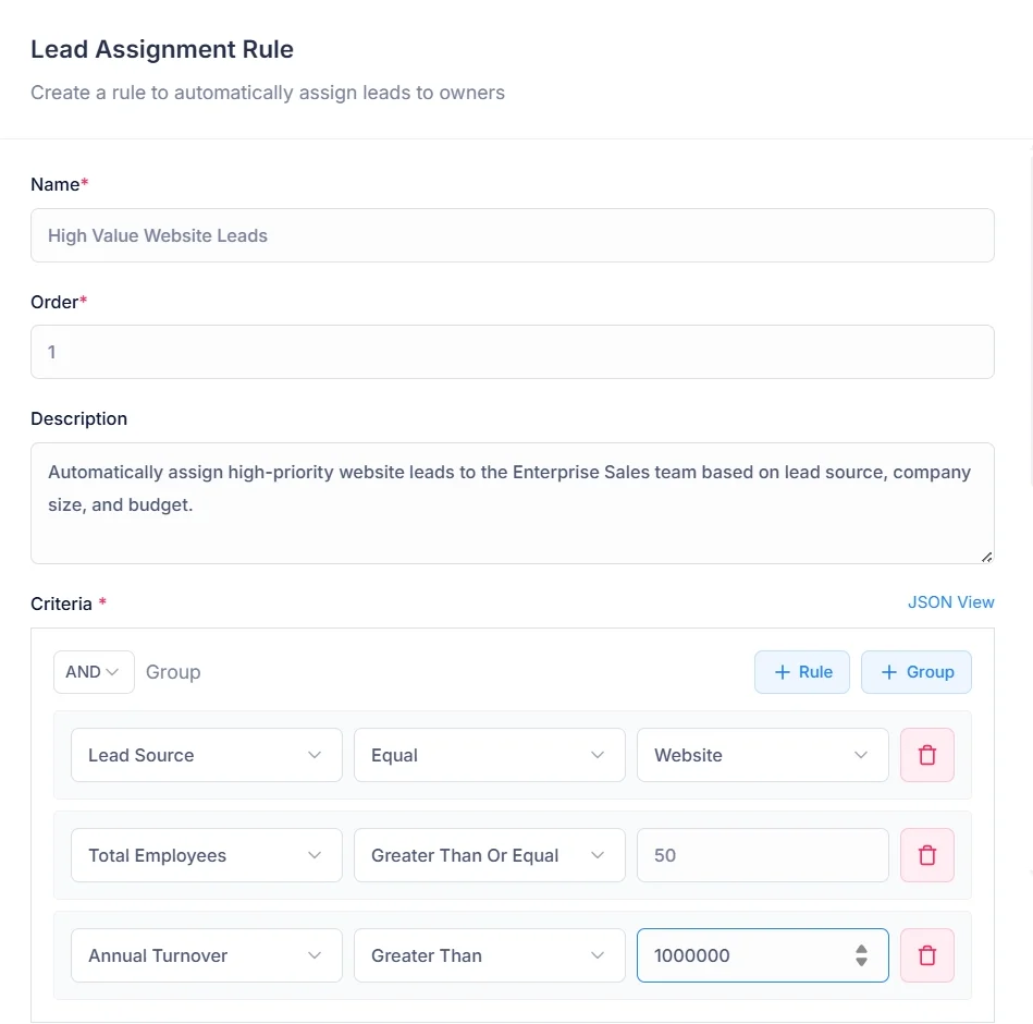 The Lead Assignment Rule form, matching leads on source, employee count and turnover