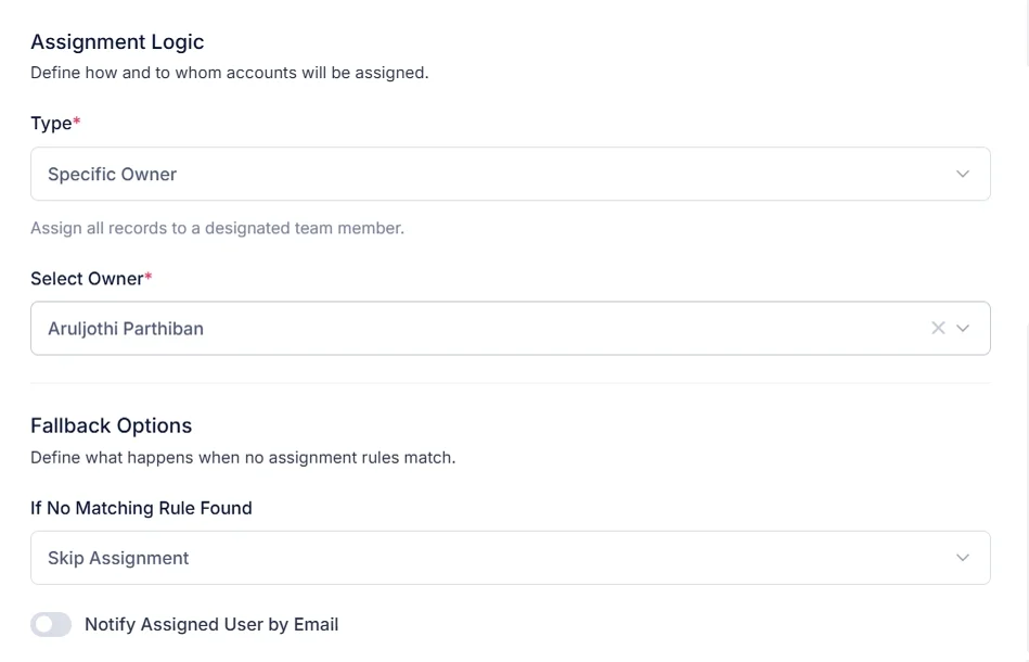 The Assignment Logic step, routing matched leads to a specific owner with a fallback