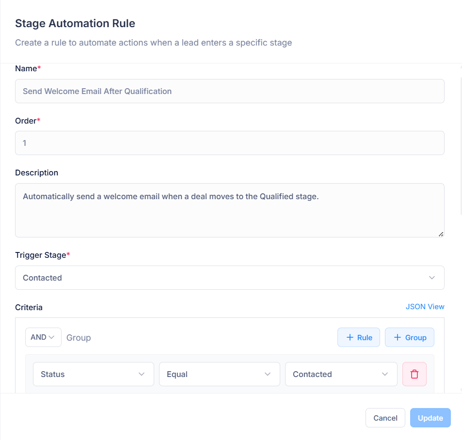 Lead stage automation triggering tasks, emails, and meetings on stage change
