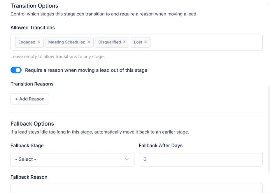 The Transition Options step, listing allowed next stages and the idle fallback stage