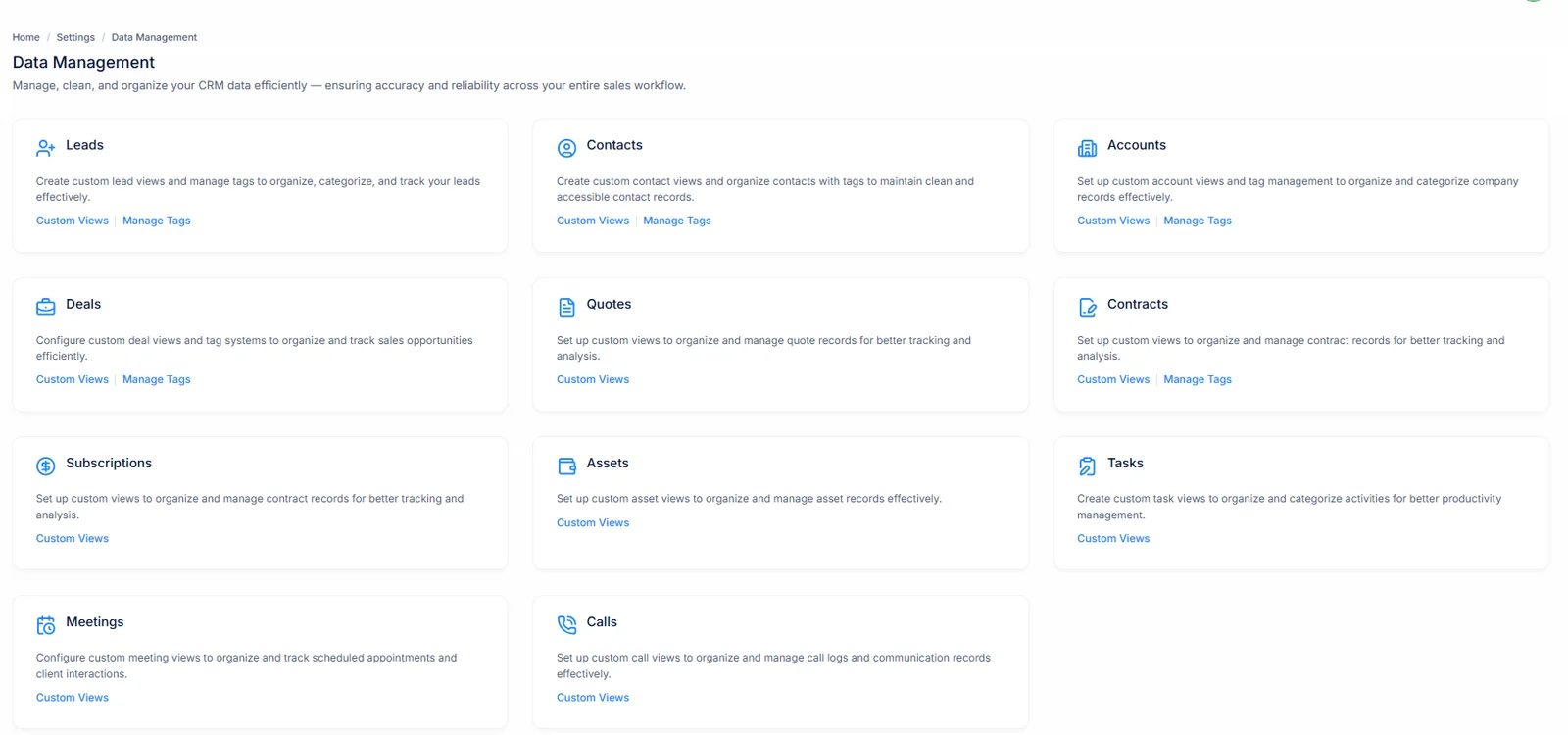 The Data Management settings page, a card per entity such as Leads and Deals linking to Custom Views and Manage Tags