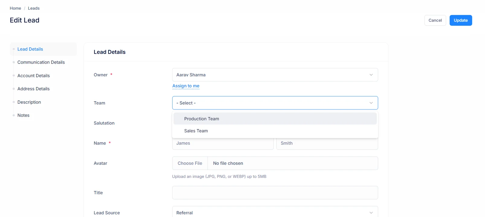 The Edit Lead form with the Team dropdown open, showing the owner and team fields a policy is evaluated against