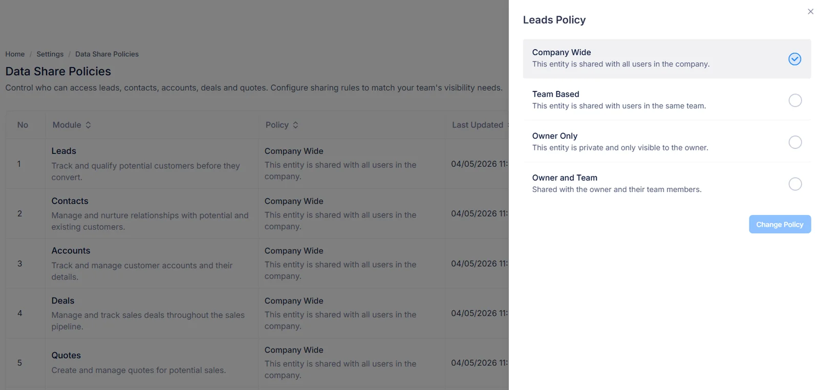 The Leads Policy panel open over the settings table, Company Wide selected, Team Based and Owner Only alongside it