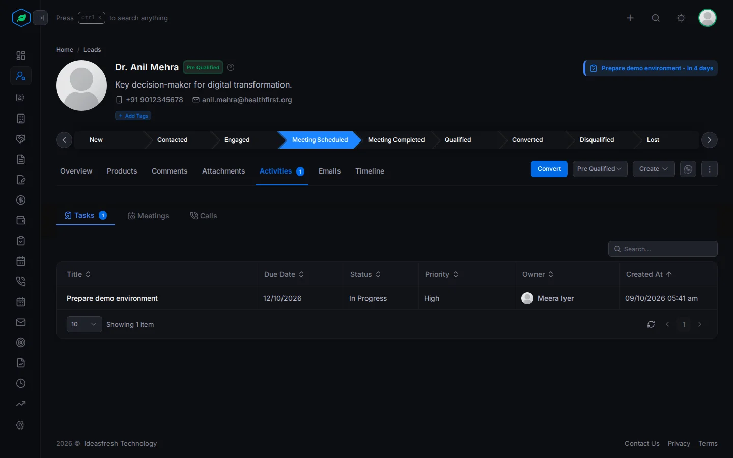 A lead's Activities tab open on Tasks, with a task's due date, status, priority and owner