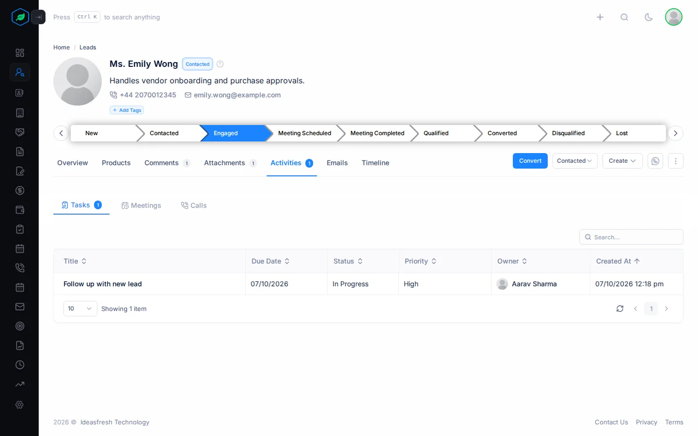 A lead's Activities tab open on Tasks, with a task's due date, status, priority and owner