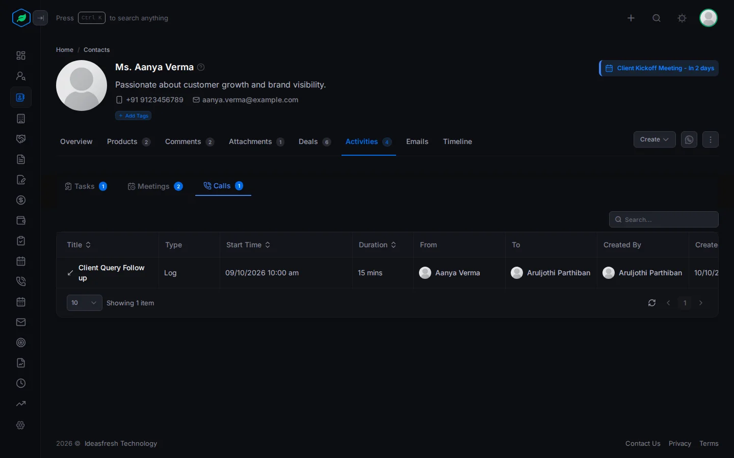 A contact's Activities tab open on Calls, with a logged call, its start time, length, and who it was from and to