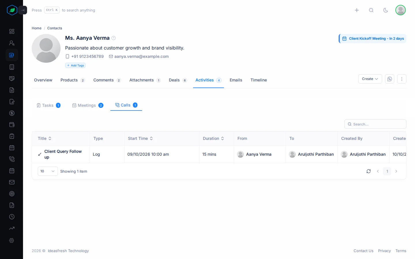A contact's Activities tab open on Calls, with a logged call, its start time, length, and who it was from and to