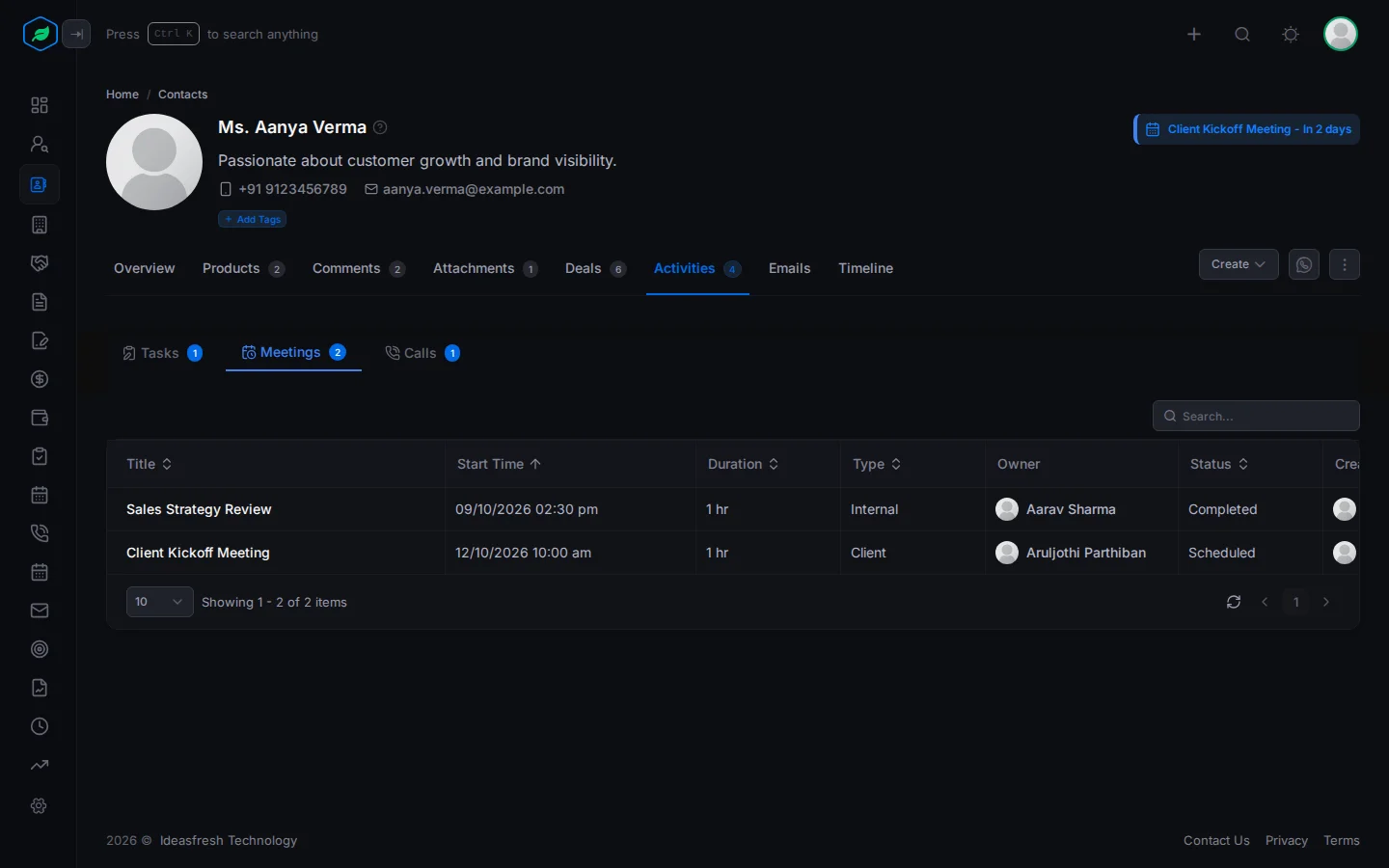 A contact's Activities tab open on Meetings, with two meetings, their start time, length, type, owner and status