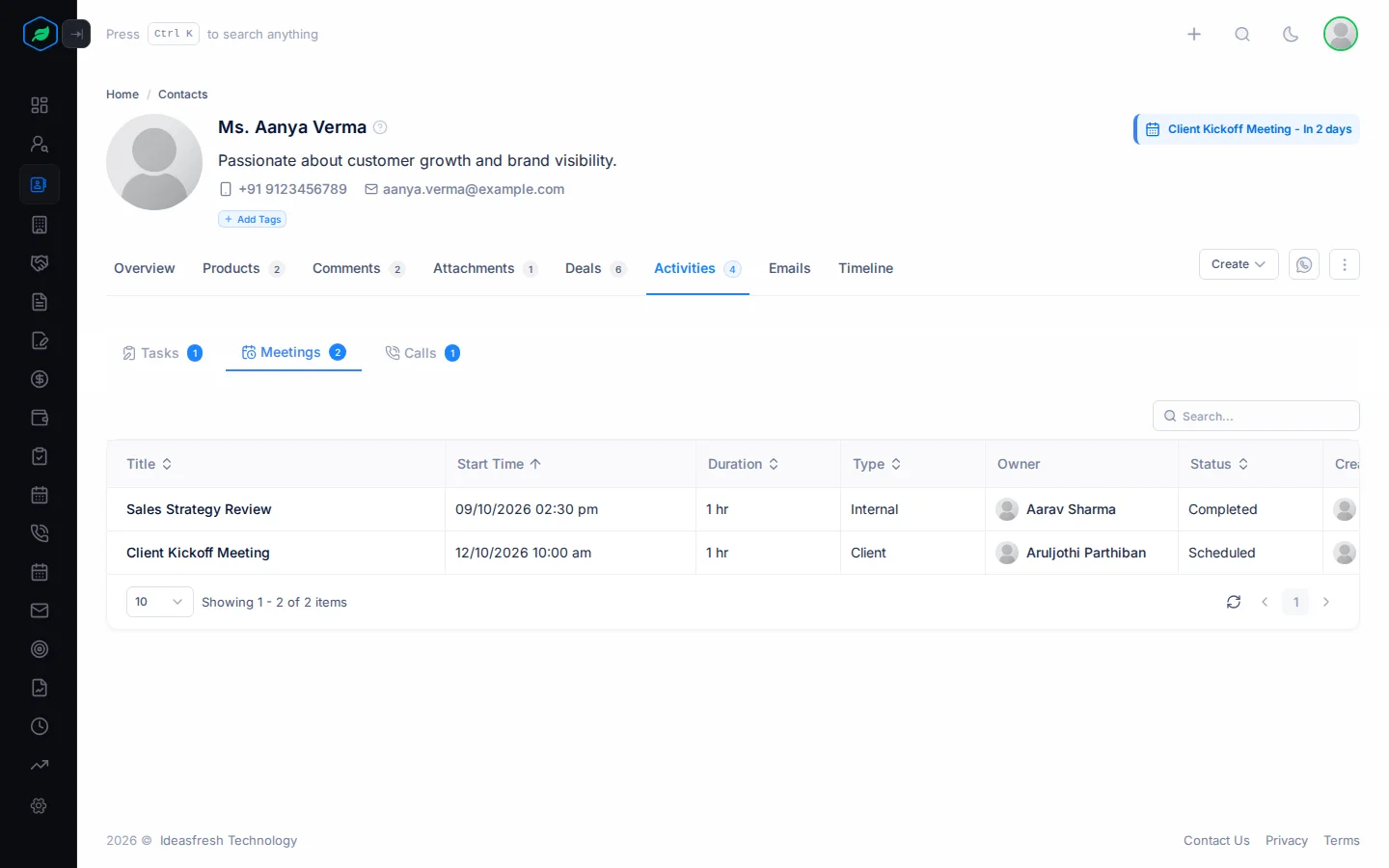 A contact's Activities tab open on Meetings, with two meetings, their start time, length, type, owner and status