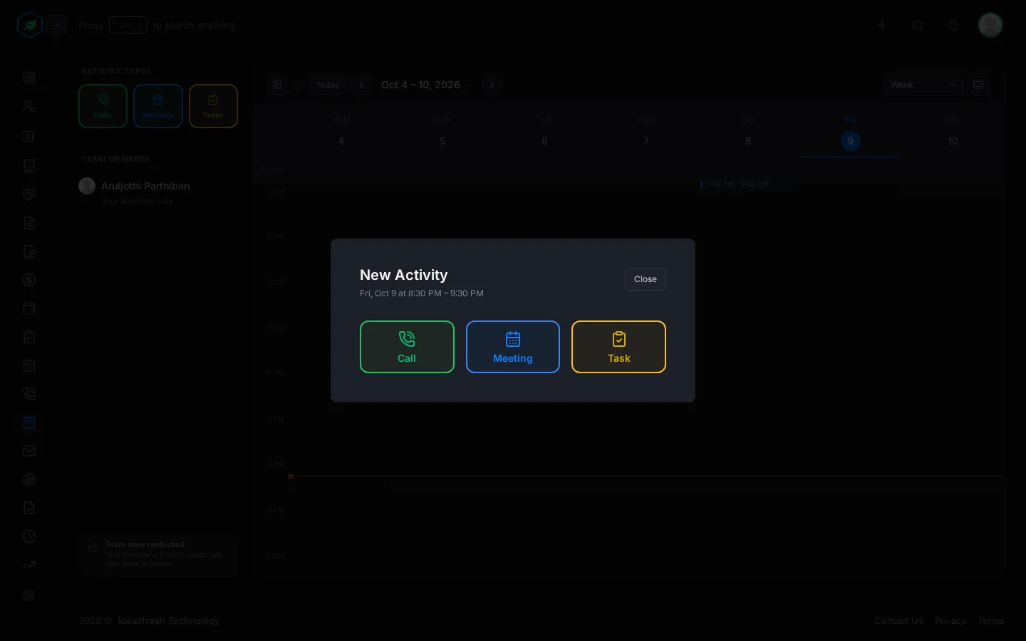 The New Activity window with the chosen time and the Call, Meeting and Task buttons