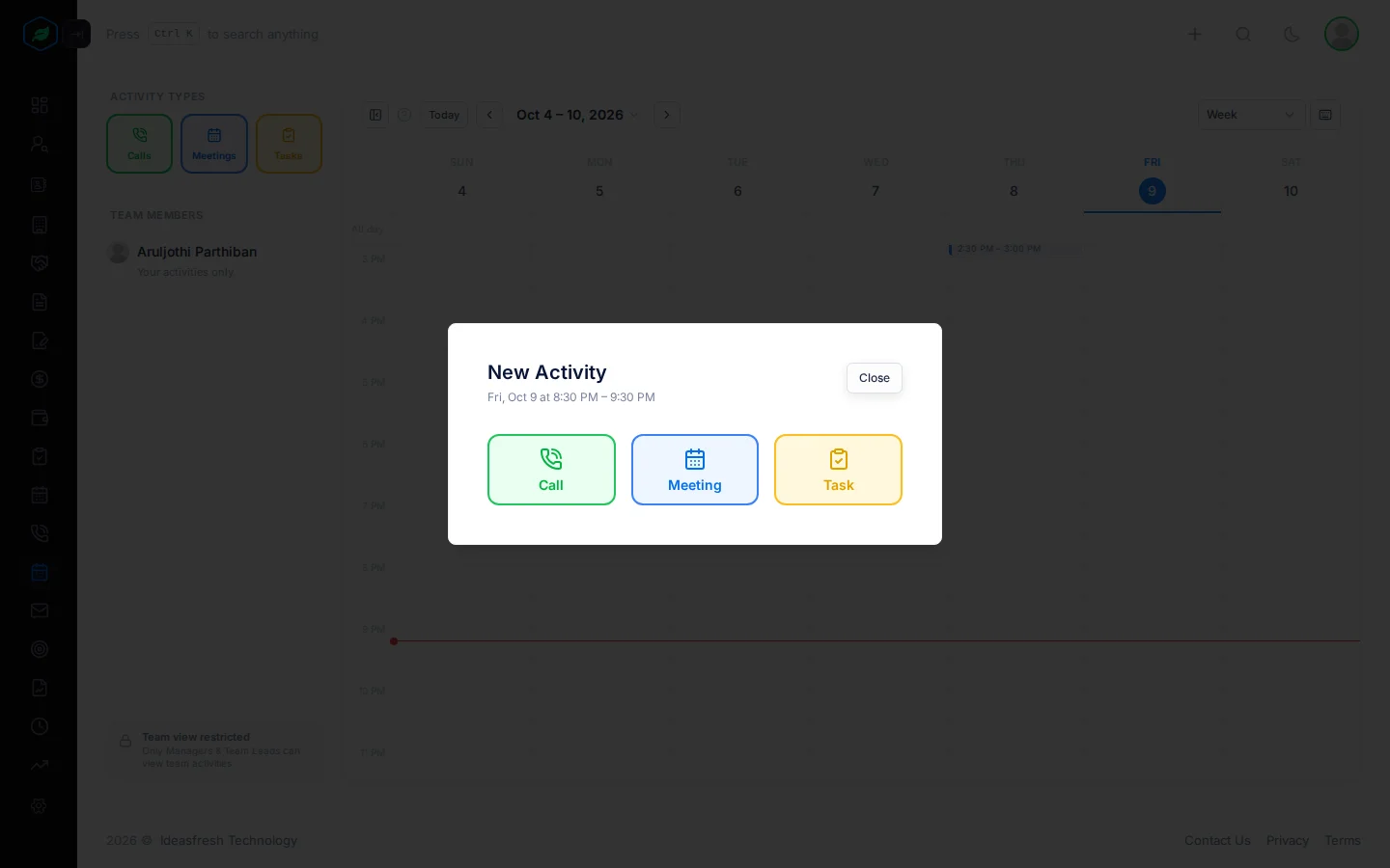 The New Activity window with the chosen time and the Call, Meeting and Task buttons