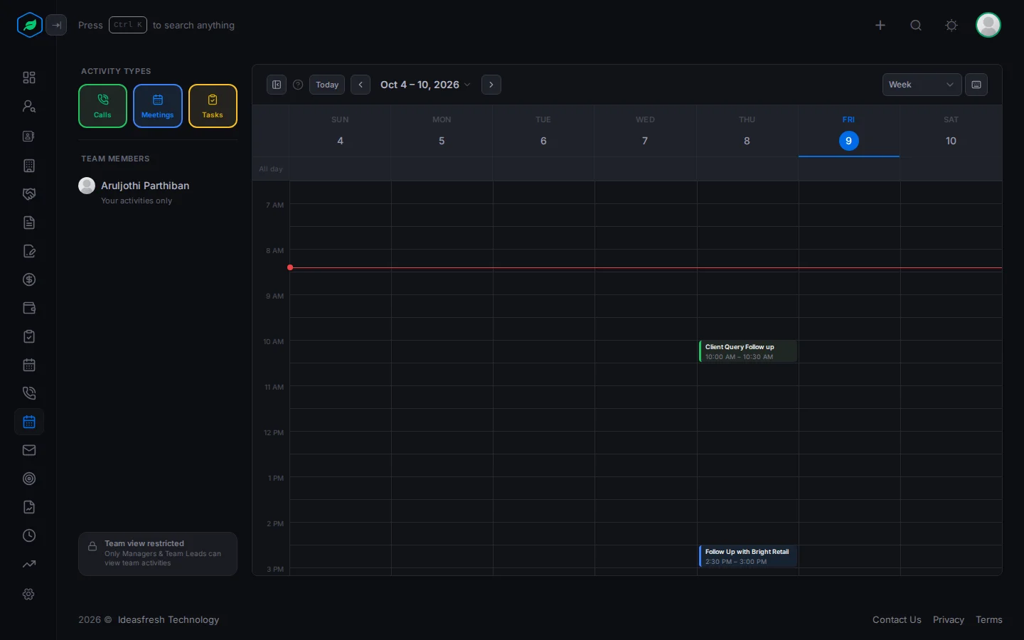 The Calendar in Week view with the Activity Types and Team Members sidebar