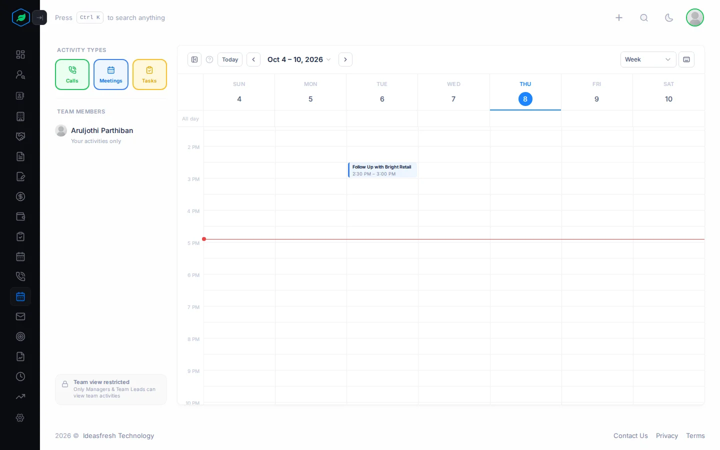 The Calendar in Week view with the Activity Types and Team Members sidebar