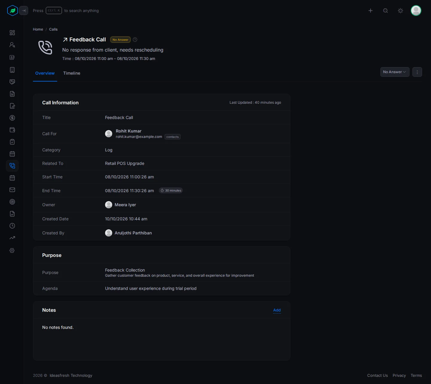 A call's page with its title, status and time at the top, the status dropdown and menu on the right, and the Call Information, Purpose and Notes cards