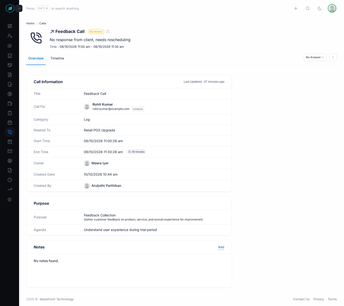 A call's page with its title, status and time at the top, the status dropdown and menu on the right, and the Call Information, Purpose and Notes cards
