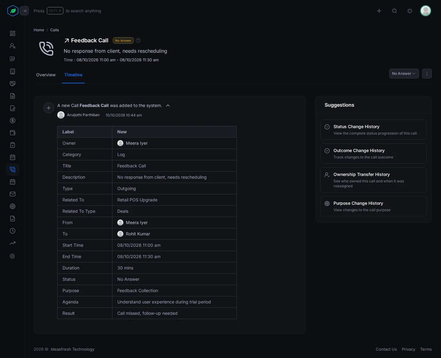 A call's Timeline tab with an entry opened to show each field and its value, and the Suggestions panel on the right