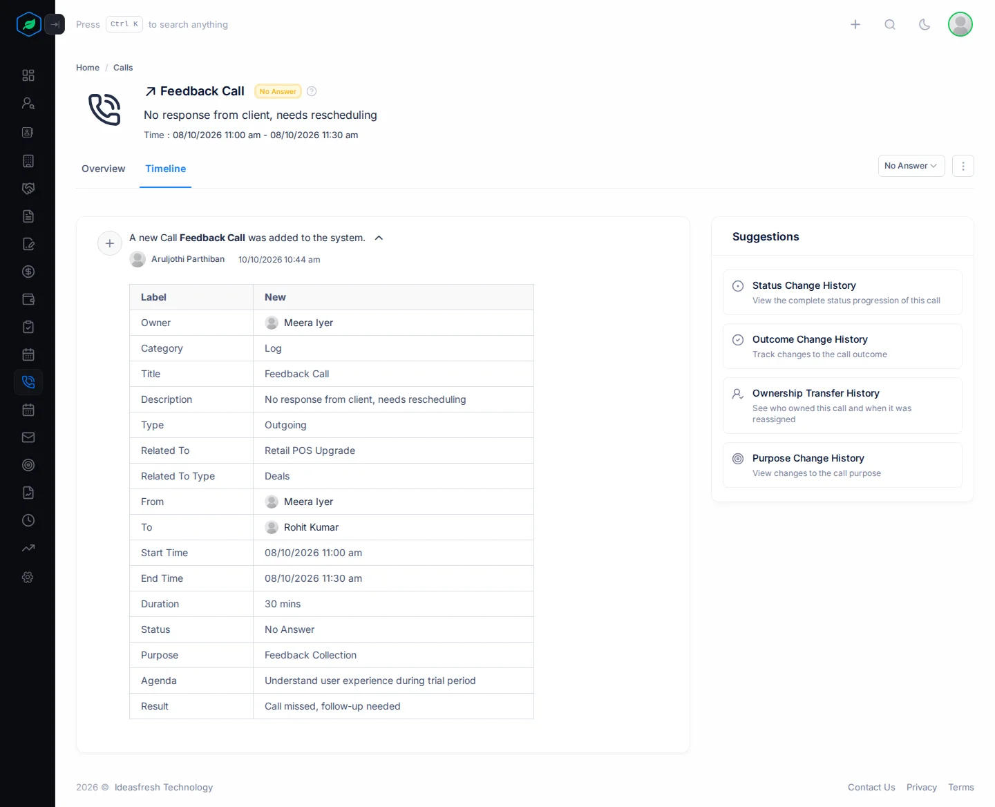 A call's Timeline tab with an entry opened to show each field and its value, and the Suggestions panel on the right