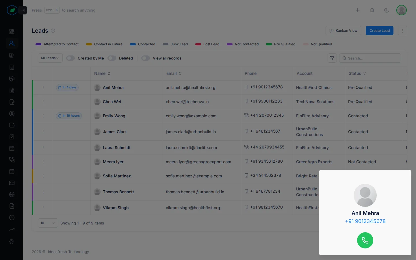 The dialer open over the Leads list, showing the lead's name, number and the green call button