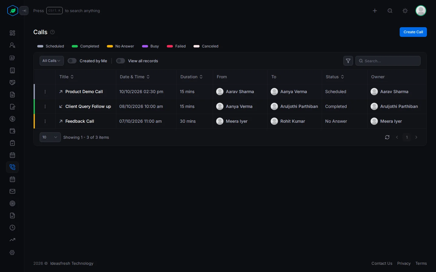 The Calls page with the status legend and a row per call