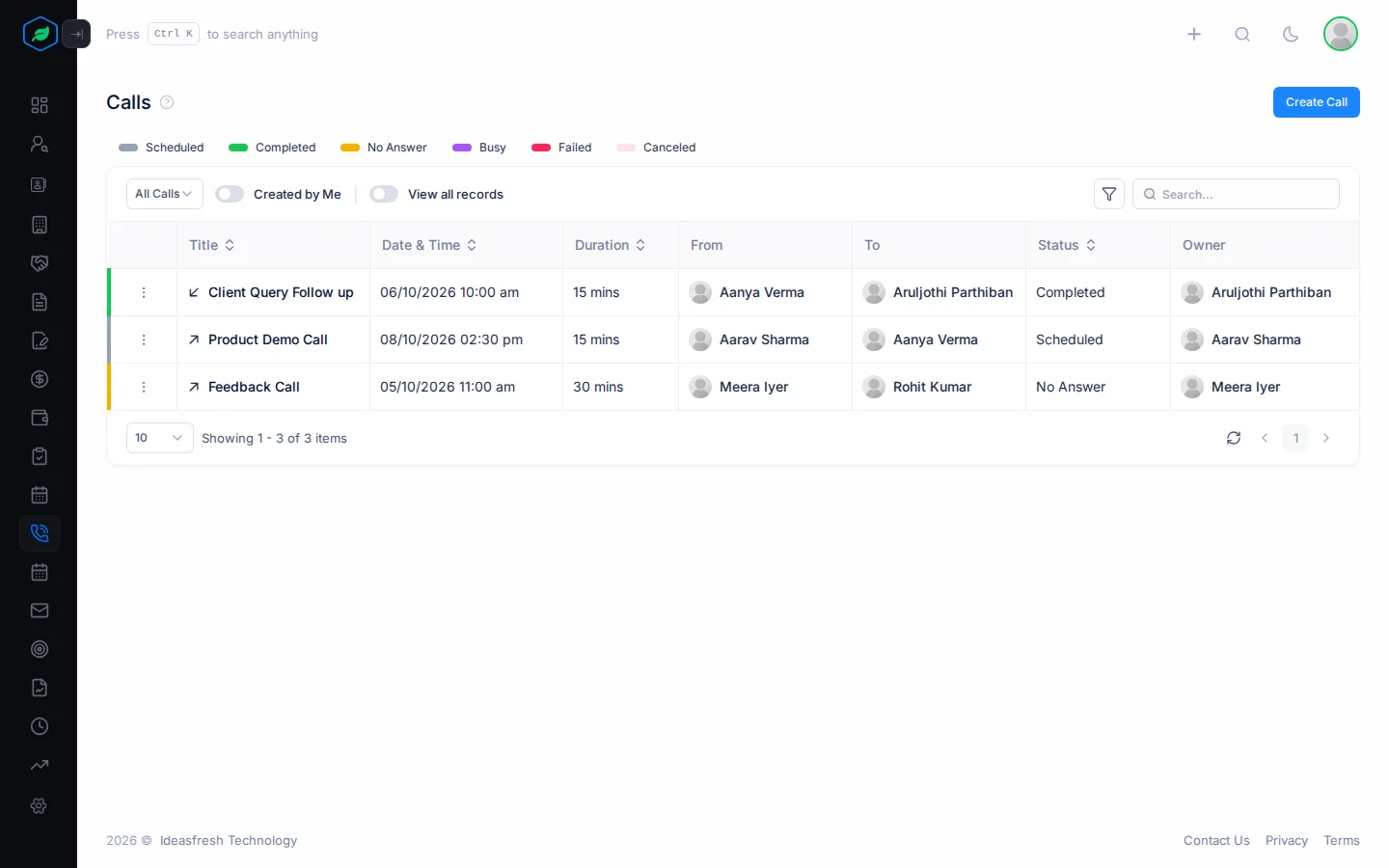 The Calls page with the status legend and a row per call