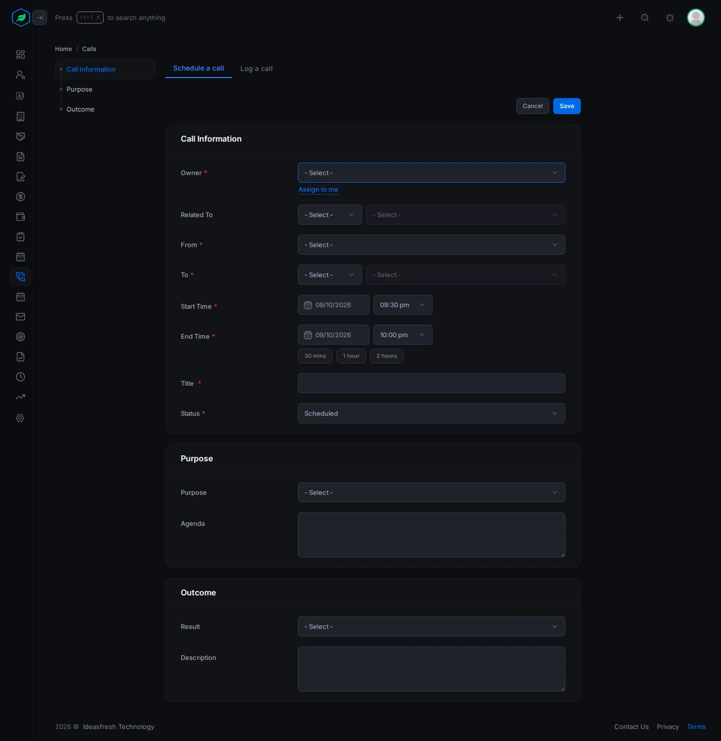 The whole Schedule a call form: Call Information, Purpose and Outcome
