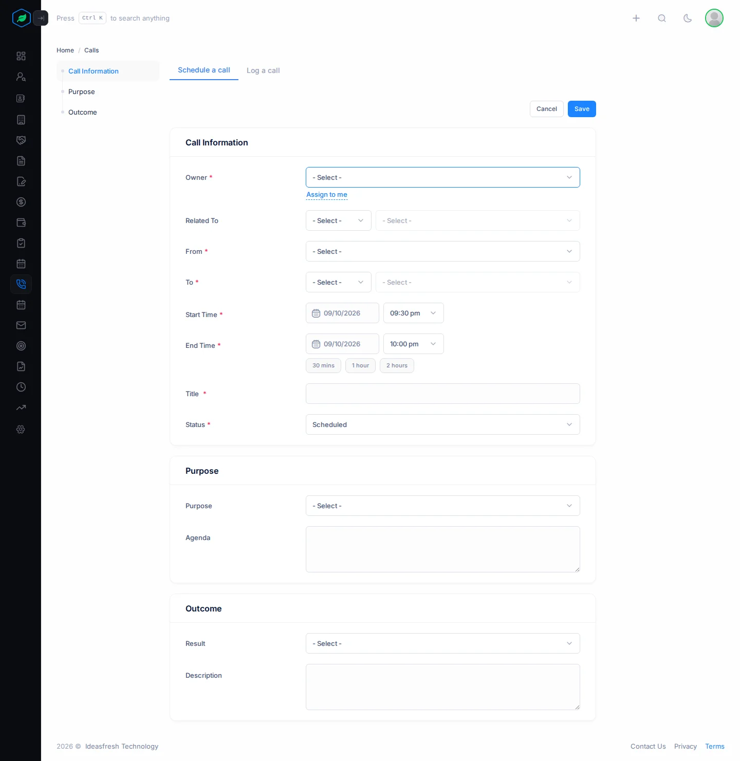The whole Schedule a call form: Call Information, Purpose and Outcome