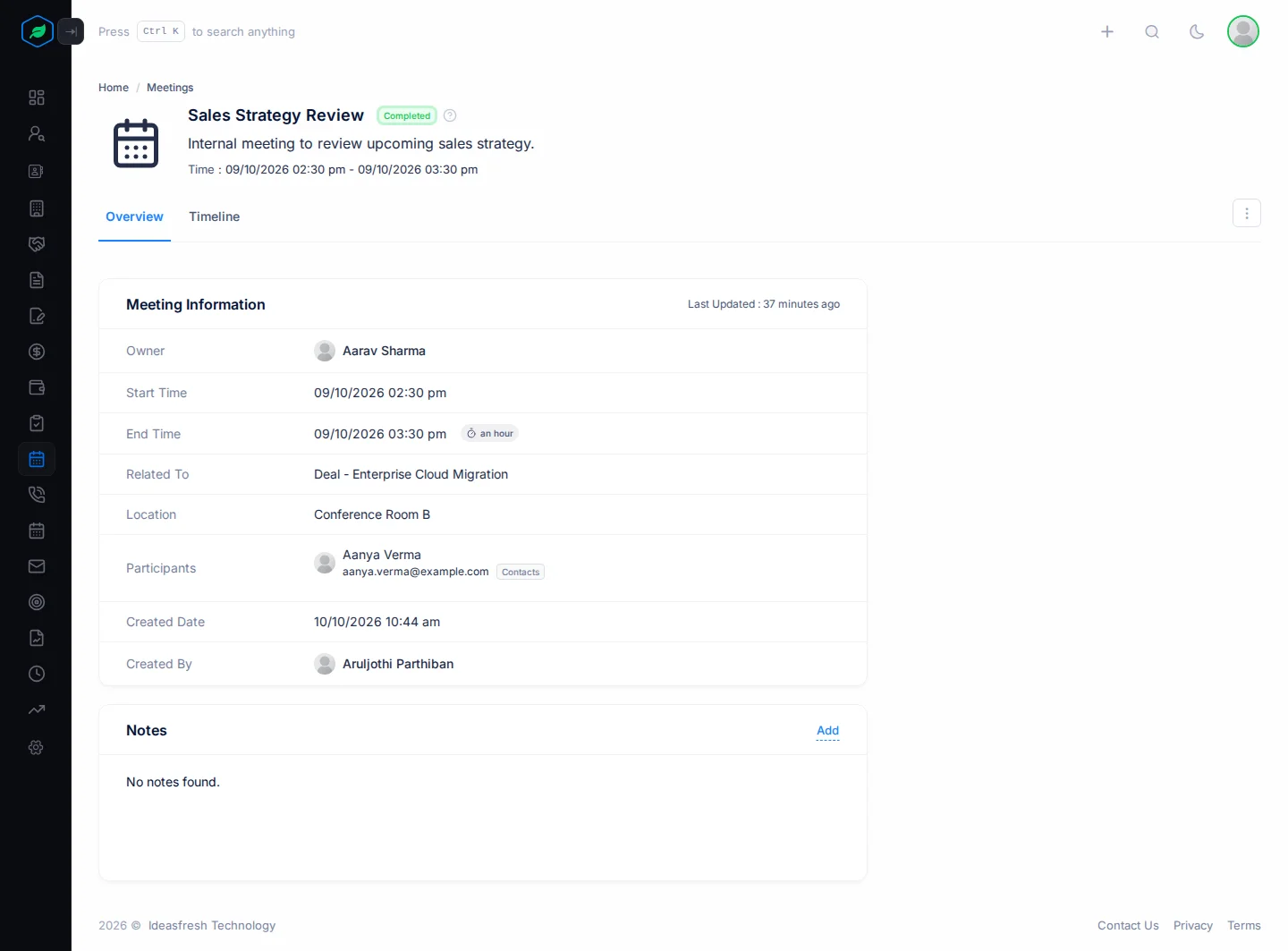A meeting's page with its title, status and time at the top, the menu on the right, and the Meeting Information and Notes cards