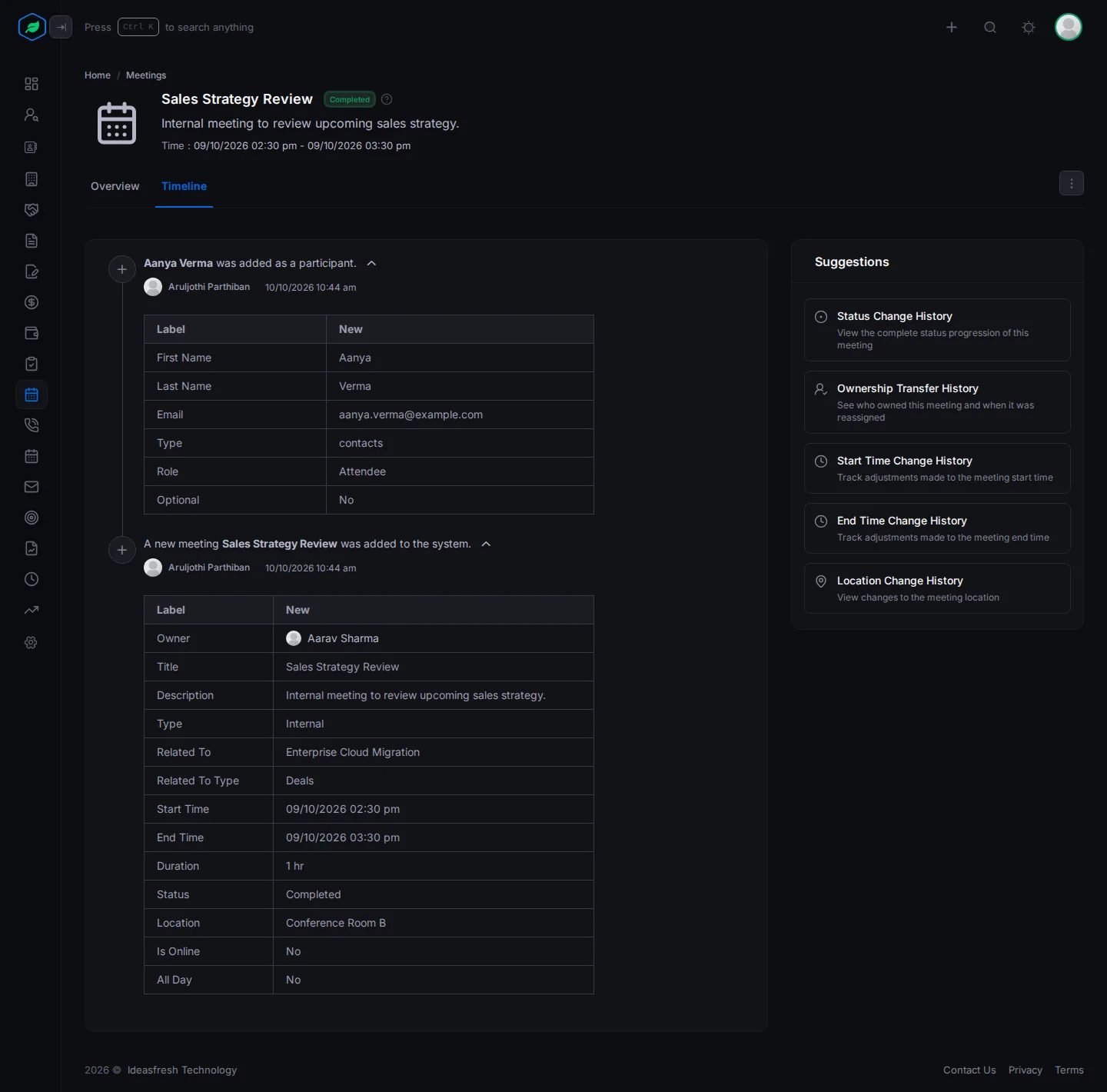A meeting's Timeline tab with two entries opened to show each field and its value, and the Suggestions panel on the right