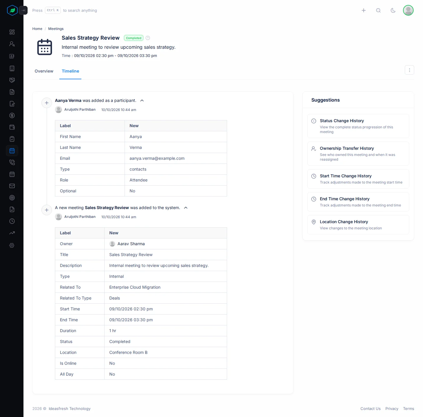 A meeting's Timeline tab with two entries opened to show each field and its value, and the Suggestions panel on the right