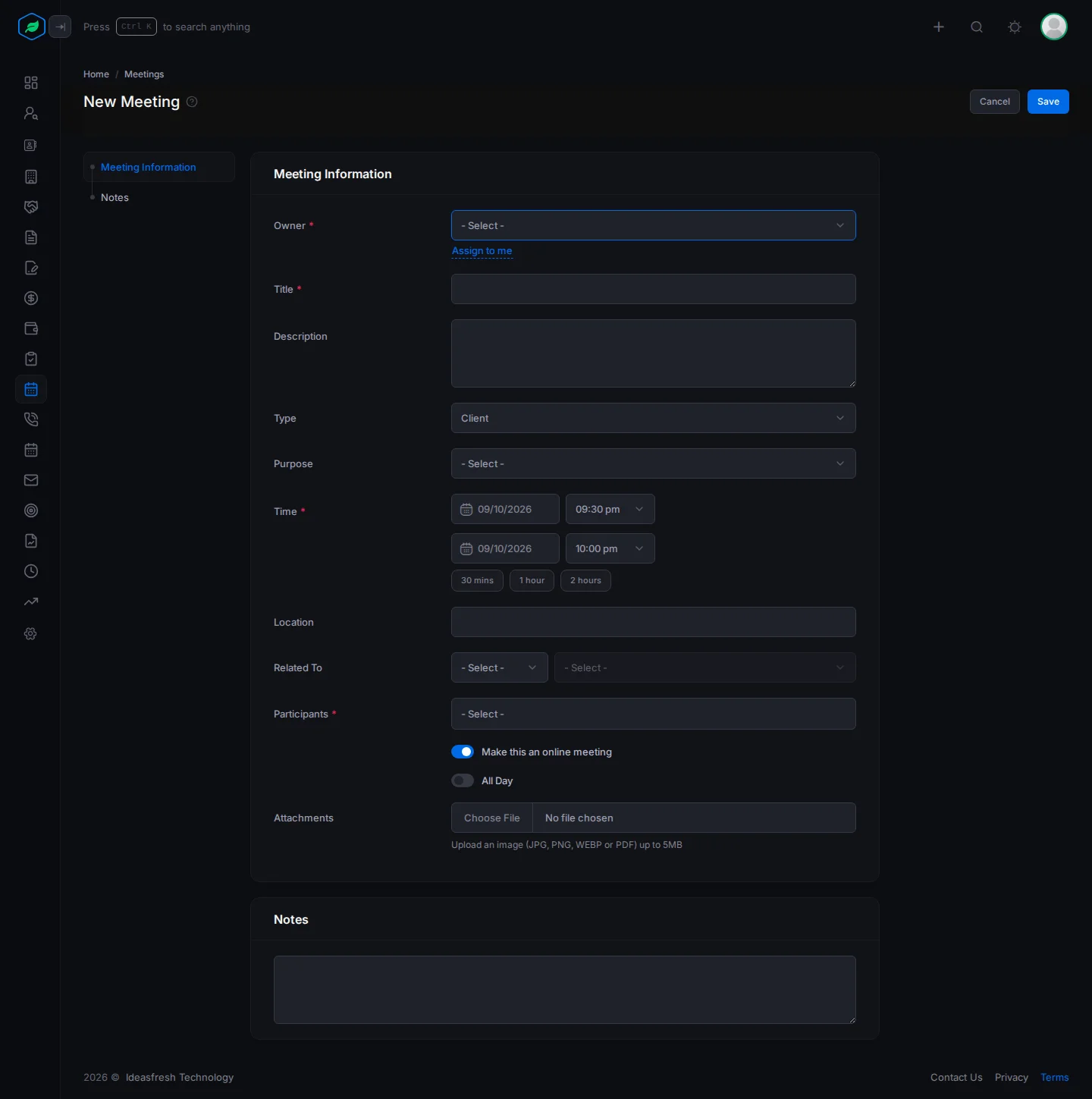 The whole New Meeting form: Meeting Information, with time, location, participants and attachments, and Notes