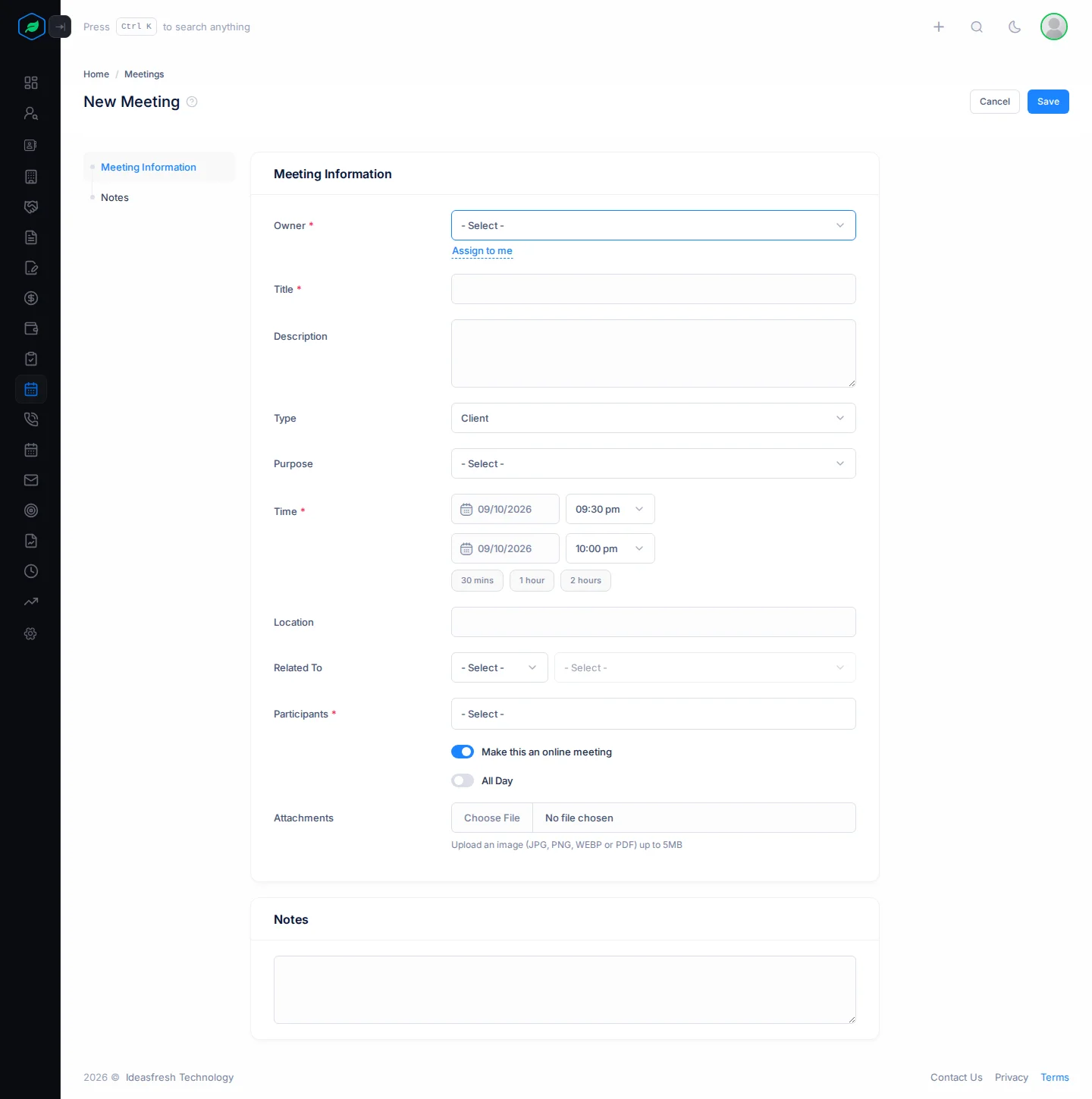 The whole New Meeting form: Meeting Information, with time, location, participants and attachments, and Notes