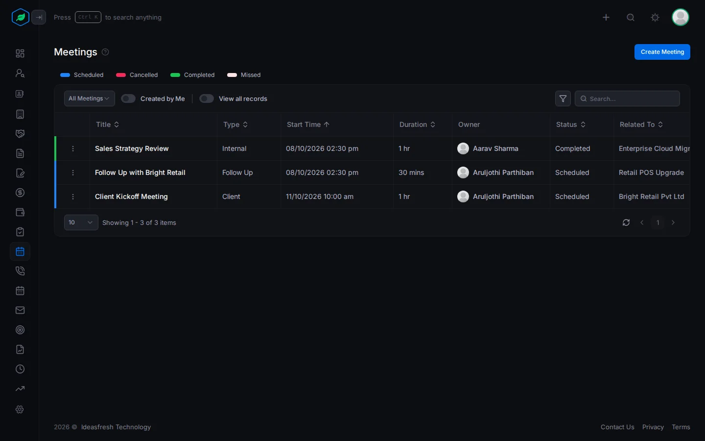The Meetings page with the status legend and a row per meeting