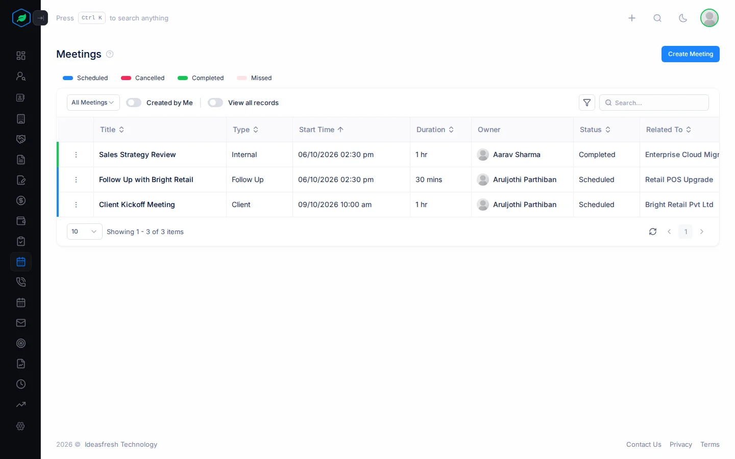 The Meetings page with the status legend and a row per meeting