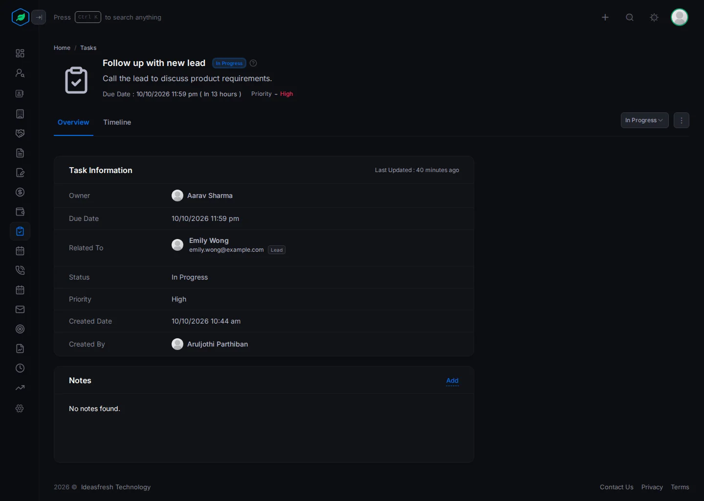 A task's page with its title, status, due date and priority at the top, the status dropdown and menu on the right, and the Task Information and Notes cards
