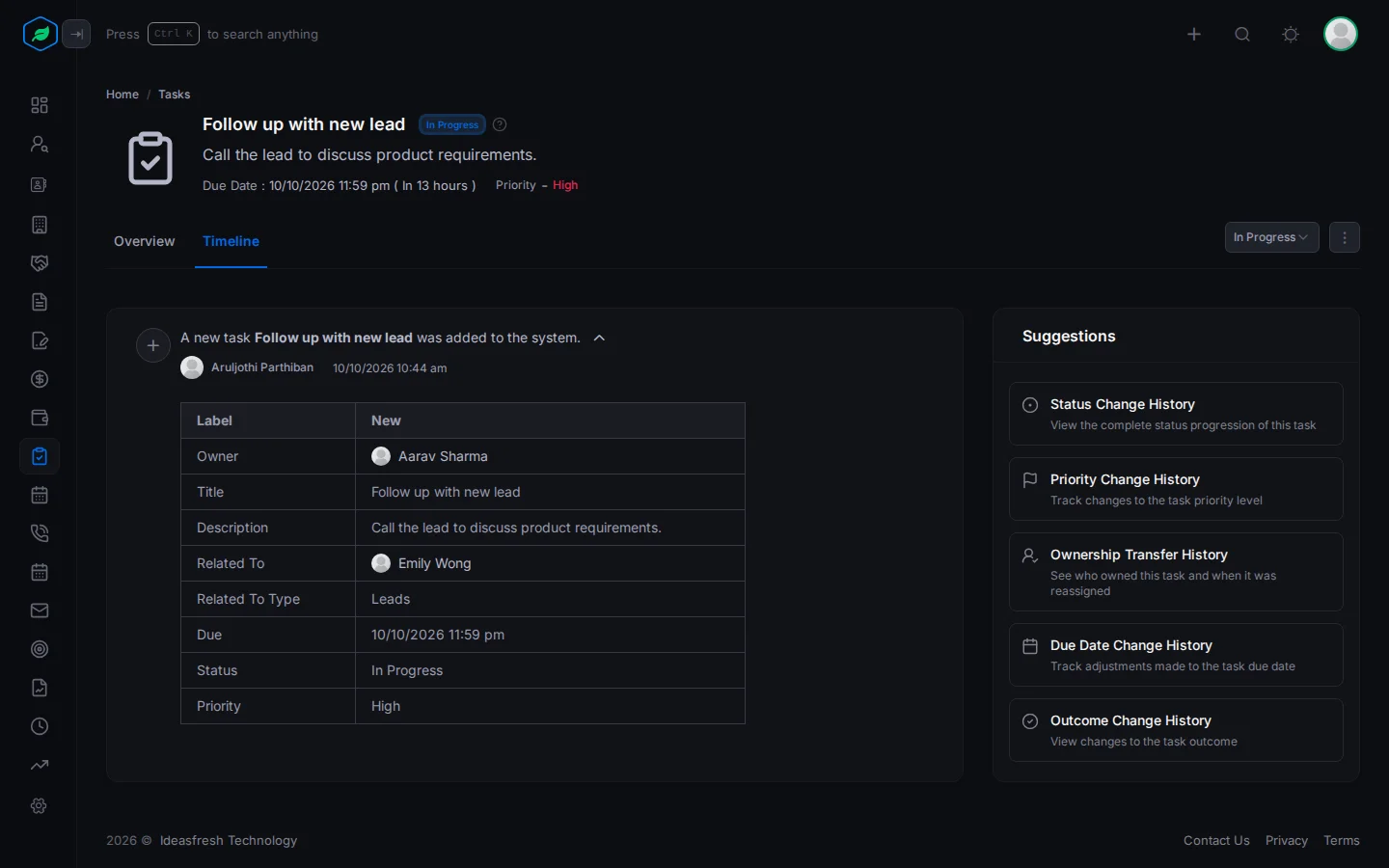 A task's Timeline tab with an entry opened to show each field and its value, and the Suggestions panel on the right
