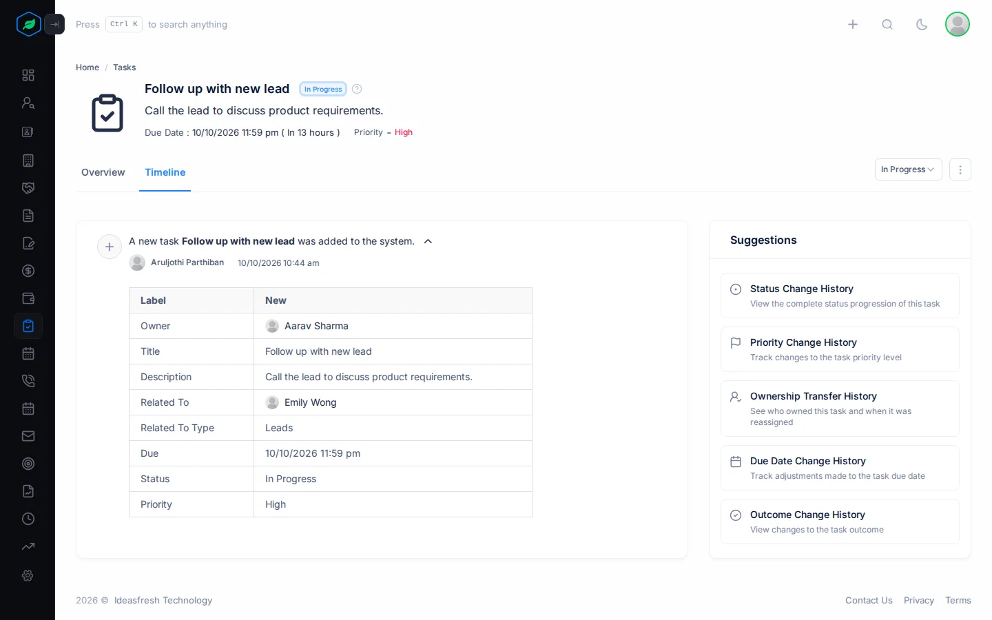 A task's Timeline tab with an entry opened to show each field and its value, and the Suggestions panel on the right