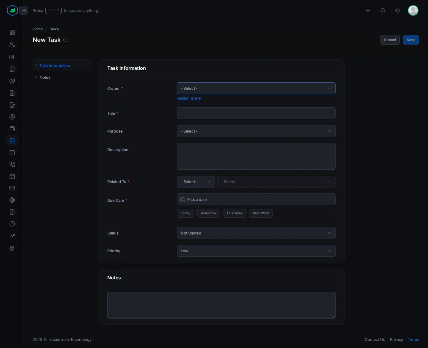 The whole New Task form: Task Information and Notes