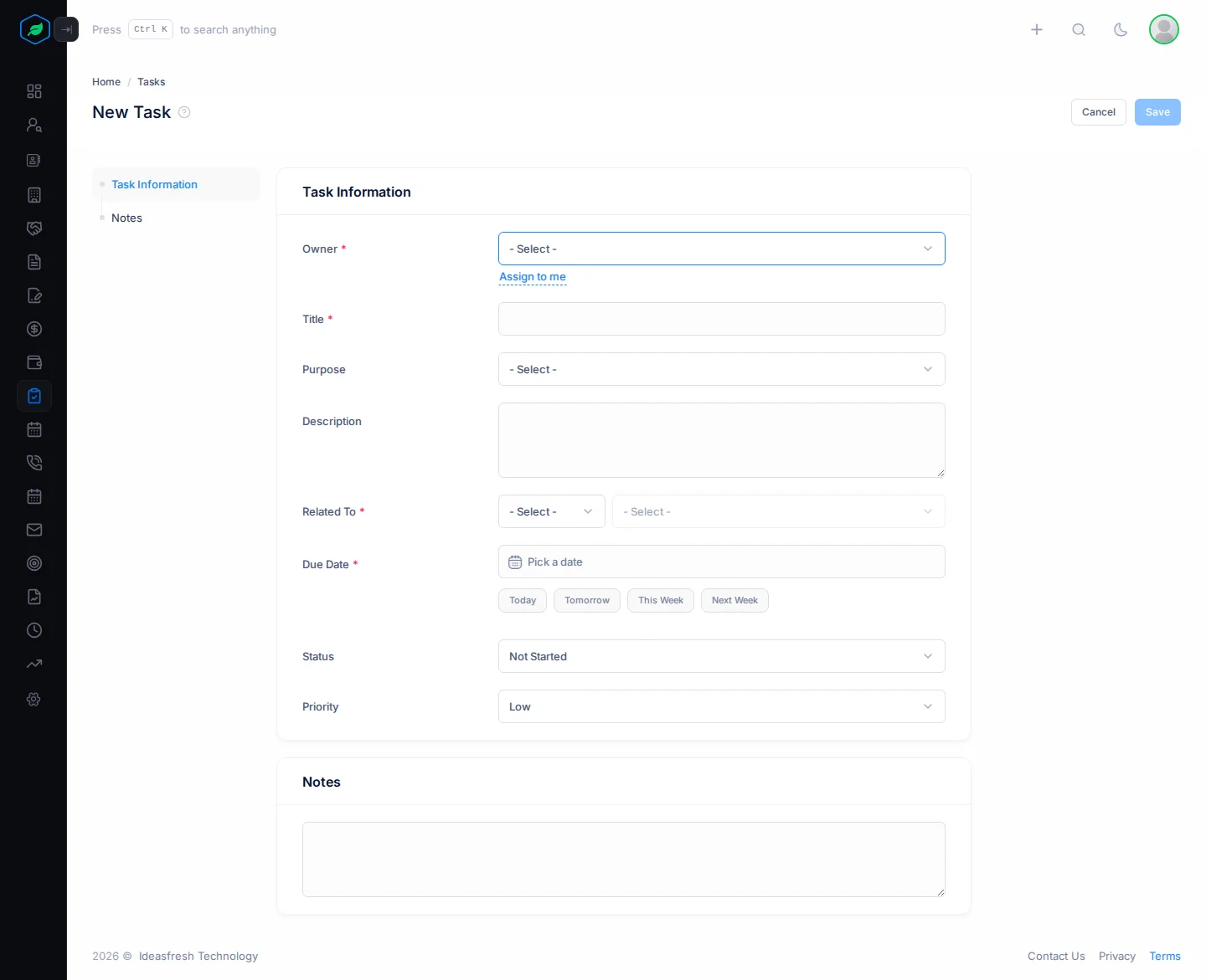 The whole New Task form: Task Information and Notes