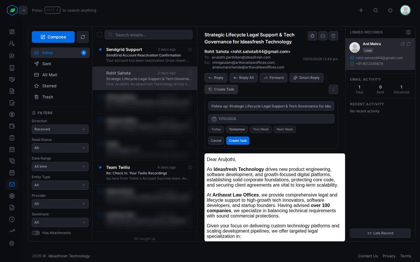 An email linked to a lead, with the Create Task form open under it: the task title, a due date of tomorrow, and the Create Task button