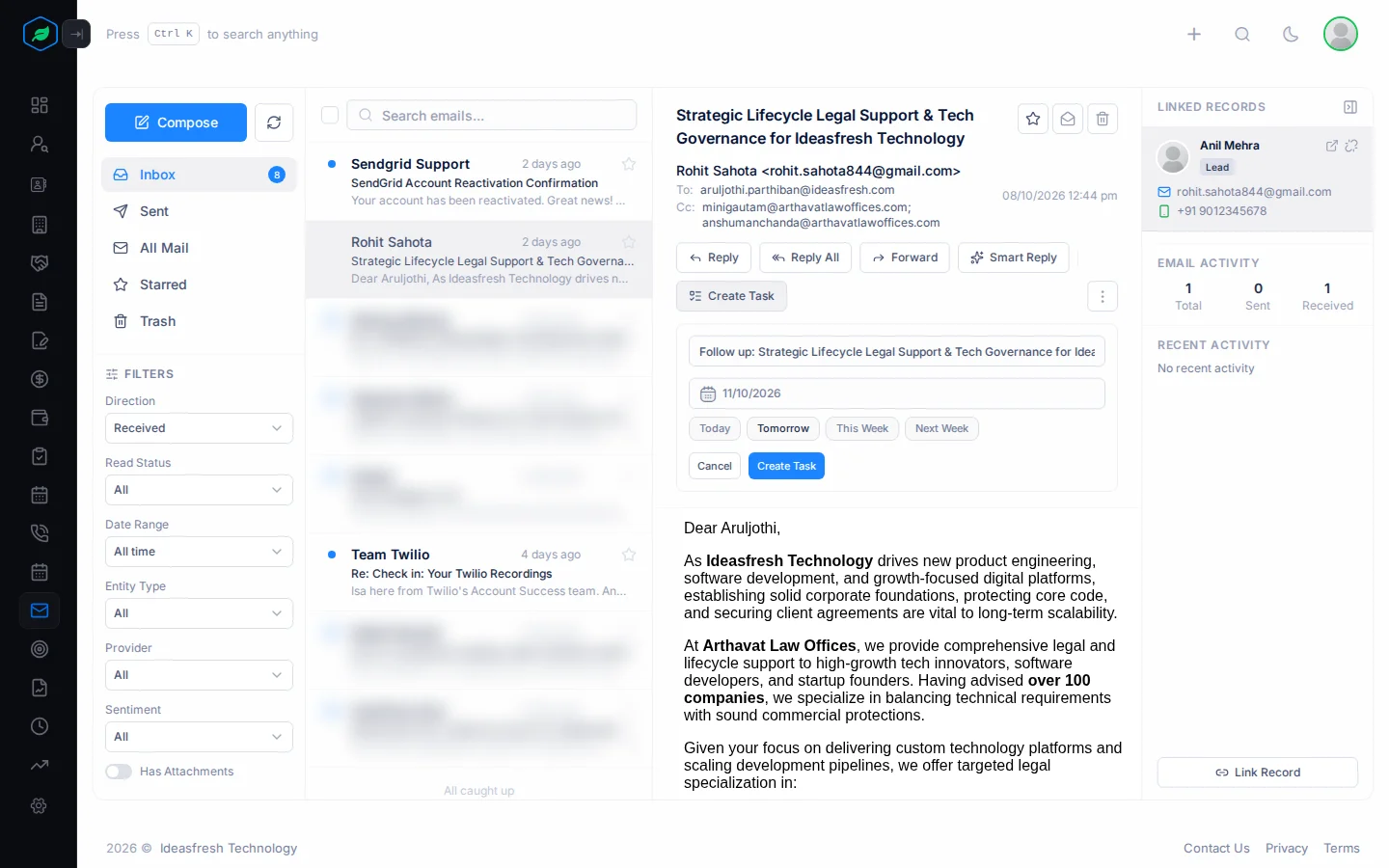 An email linked to a lead, with the Create Task form open under it: the task title, a due date of tomorrow, and the Create Task button