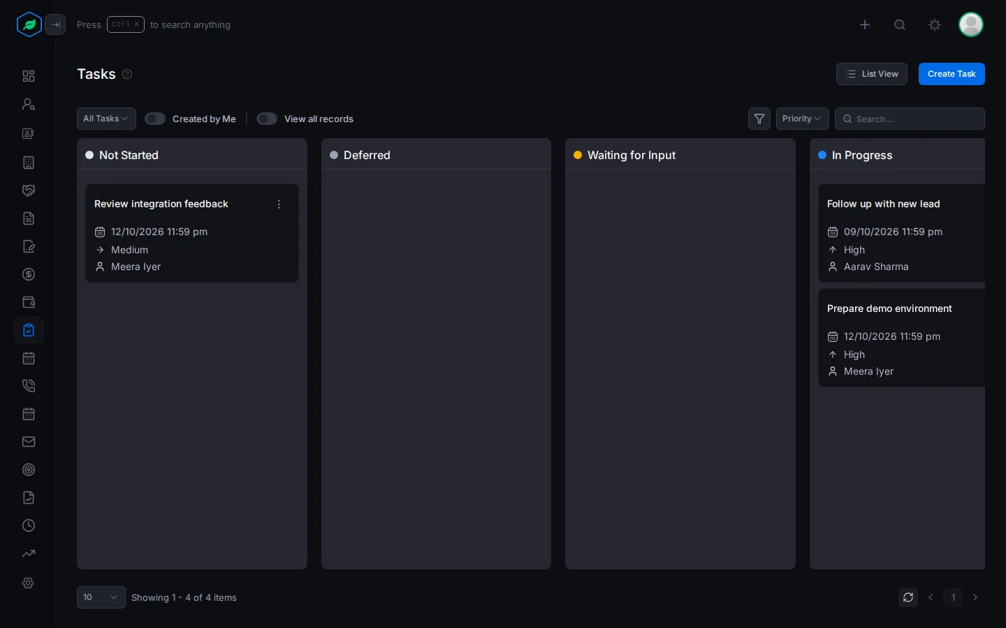 The Tasks page in Kanban view, with a column per status and a card per task