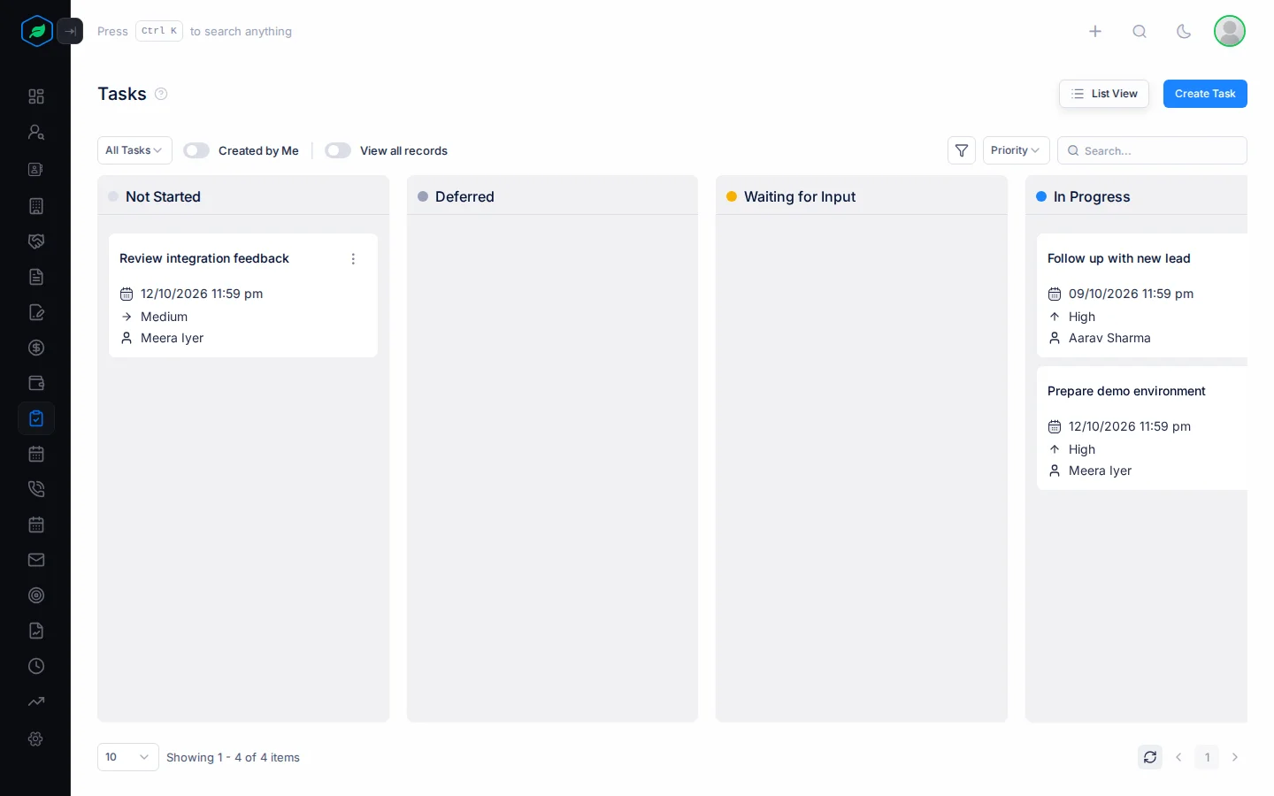 The Tasks page in Kanban view, with a column per status and a card per task