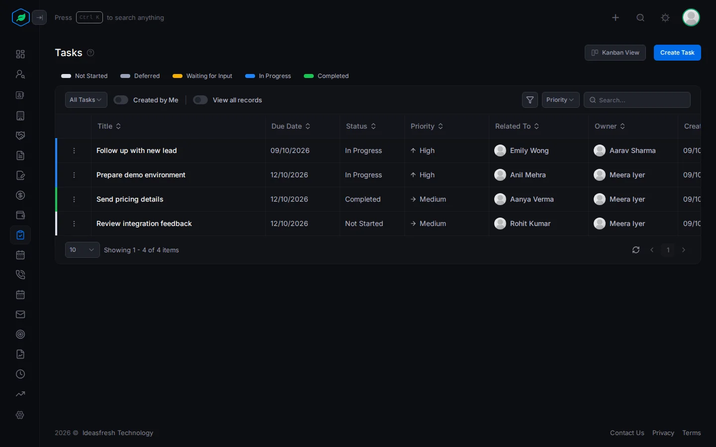 The Tasks page with the status legend, filters and a row per task