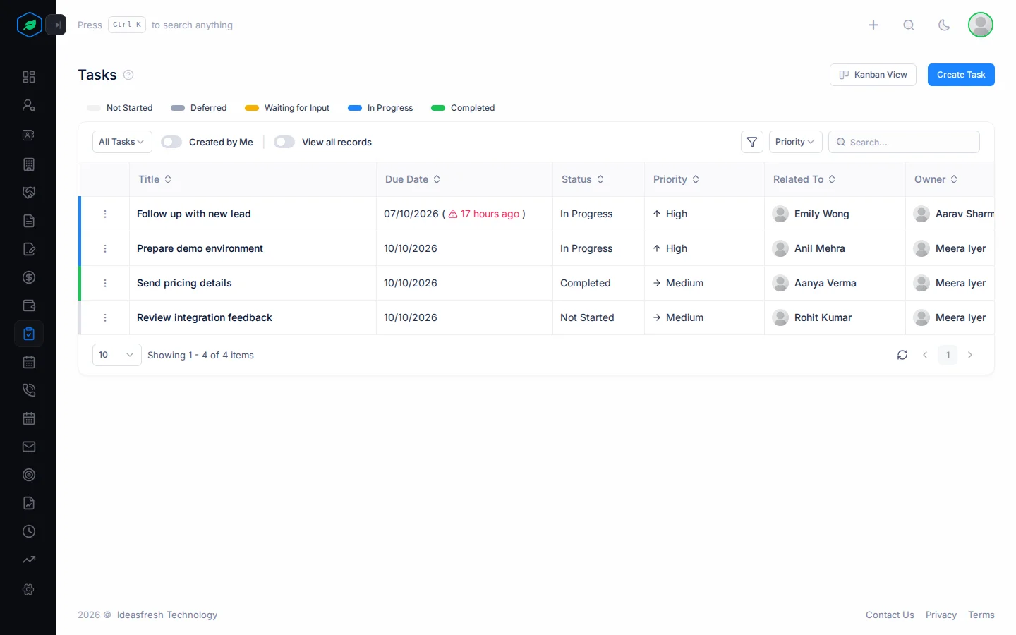 The Tasks page with the status legend, filters and a row per task
