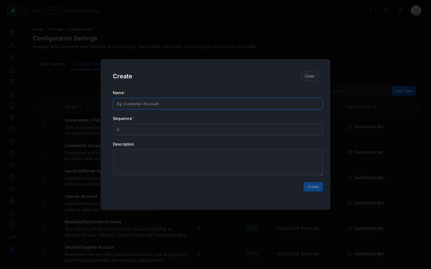 The Create window for account types