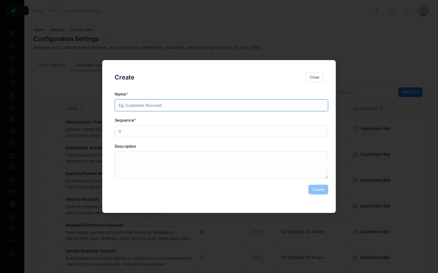 The Create window for account types