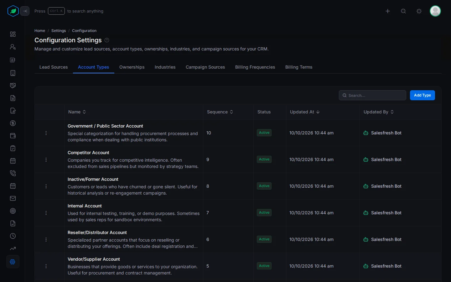 The Account Types tab with a row for each value, its sequence and status